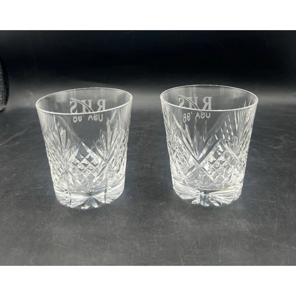 Set of 2 Cut Crystal Whiskey Tumblers RHS USA 98 Etched Double Old Fashioned